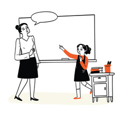 A language teacher is teaching students in front of the board.
