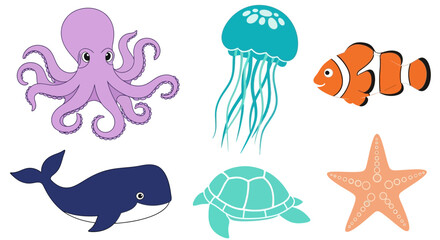 Naklejka premium Vector ocean animals illustration featuring octopus, jellyfish, clownfish, whale, turtle, and starfish drawing 100