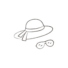 Linear vector illustration of a woman's summer beach hat and sunglasses. woman's summer beach hat and sunglasses are hand drawn.