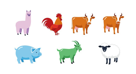 Vector farm animals vector illustration set featuring cow rooster sheep pig goat and llama for educational resources