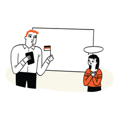 A language teacher is teaching students in front of the board.