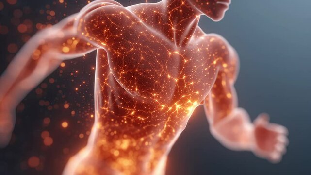 Visual graphic depicting human body energy metabolism, highlighting calorie burning, heat generation, and biochemical processes.