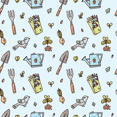 vector seamless pattern of garden tools and birds