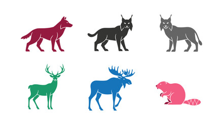 Vector wildlife animal vector set featuring wolf lynx deer moose and beaver in various colors illustration 100