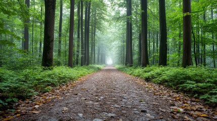 Serene forest path surrounded by tall trees, leading into misty distance, evokes tranquility