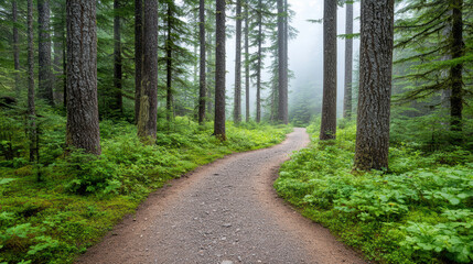 Fototapeta premium Winding dirt trail through tall trees in misty forest creates serene atmosphere
