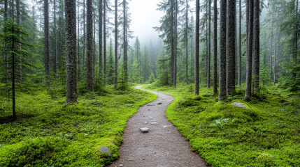 Fototapeta premium Serene woodland clearing features narrow, winding trail surrounded by tall trees and lush