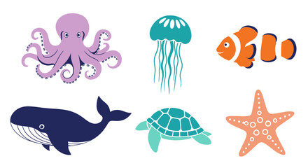 Vector ocean life illustration featuring octopus jellyfish clownfish whale turtle starfish vector art design set