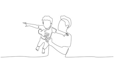 Continuous one line drawing of father holding his son in the air, parenting activity concept, single line art