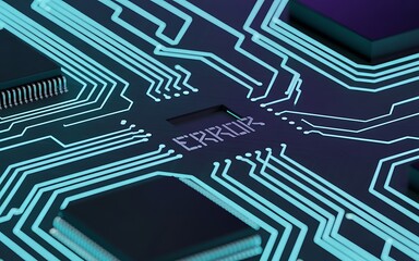 Close up of a circuit board with the word error displayed in the center of the motherboard design