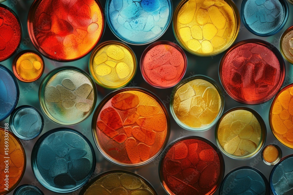 Poster colorful translucent discs arranged in an overlapping pattern, creating a vibrant and abstract visua