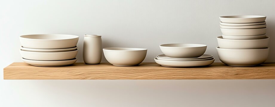 Elegant ceramic dishware arranged on shelf.
