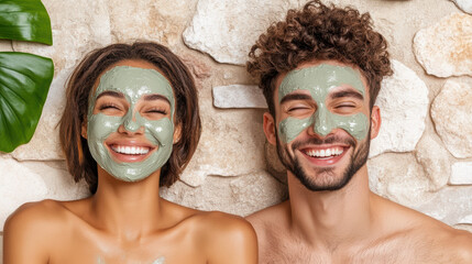 Couple enjoying fun spa day with clay masks on their faces, smiling happily together