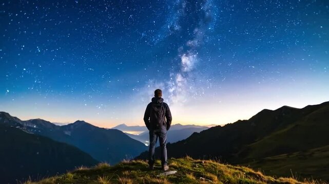 Man standing on mountaintop at night, gazing at the Milky Way