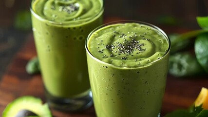 Refreshing green smoothies with chia seeds on wooden table, surrounded by fresh spinach and avocado. Ideal for healthy diets and detox