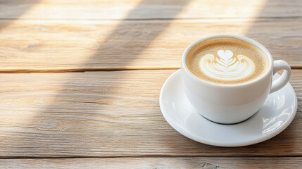 Cozy latte on wooden surface, radiating warmth and comfort
