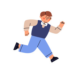 Cute little boy runs in sports race, has fun. Determined kid is reaching to win. Ambitious, confident child is rushing to success, victory. Flat isolated vector illustration on white background