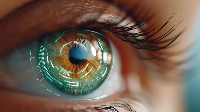 human eye, featuring rich hues and digital overlays, highlighting the fusion of natural beauty and technological innovation. smart contact lenses with AR interface projected in eye reflection