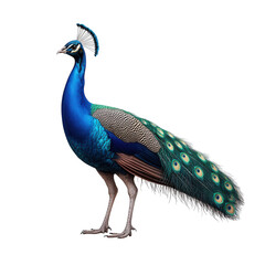 A majestic male peacock with vibrant blue and green plumage stands proudly isolated on transparent background