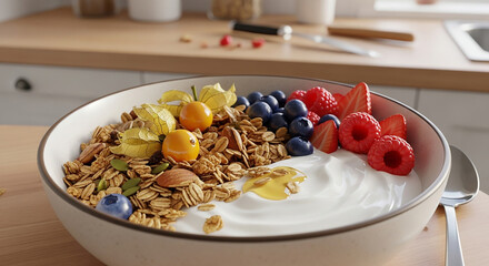 Close-Up of Healthy Breakfast Bowl with Fruits, Nuts, and Yogurt