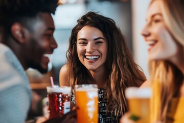 Three cheerful friends laughing and enjoying drinks together at a lively bar, celebrating friendship and creating lasting memories
