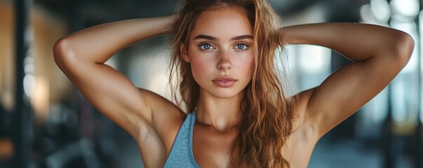 Young, beautiful athletic woman stretching before exercising at an indoor gym, preparing her muscles for a workout, Generative AI