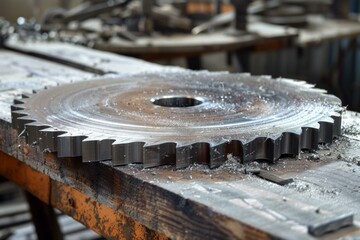 Close up of a large, used circular saw blade with visible teeth, placed on a worn wooden workbench in a workshop environment
