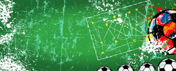 grungy soccer or football illustration with soccer balls and rough textures, great soccer event this year.  Free copy space