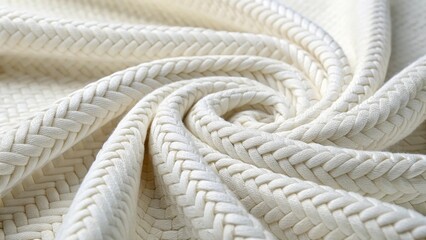 Close up view of thick cream colored braided rope artfully swirled into a spiral pattern showcasing intricate texture and detail
