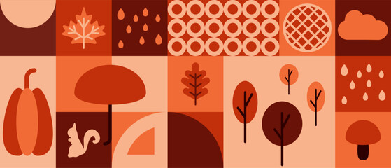 Thanksgiving geometric pattern for abstract autumn background. Pumpkin, pie, leaf and flat geometry for invitation cover or promotion mosaic. Umbrella, squirrel and rain ornament illustration vector.