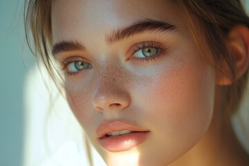 Young female with freckles on her face,  her natural beauty with a fresh and vibrant look, Generative AI