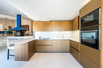 Cuisine moderne haut de gamme avec électroménagers intégrés et crédence en marbre