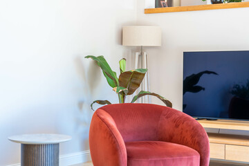 Coin salon moderne avec fauteuil en velours rouge et télévision