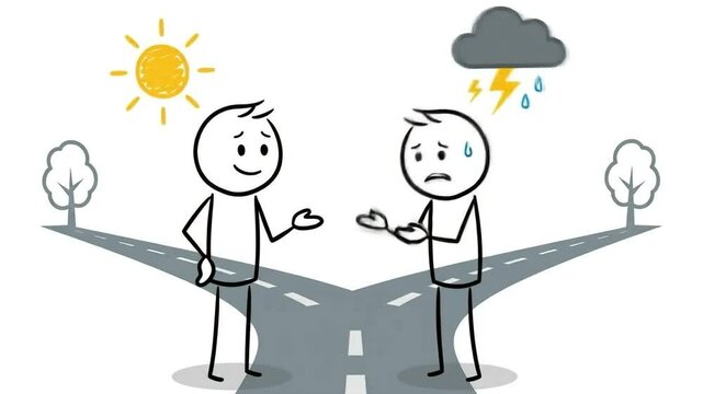 Conceptual illustration of choices and decisions using stick figures and weather symbols