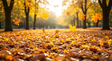 Golden autumn leaves falling in a park, creating a vibrant and scenic landscape