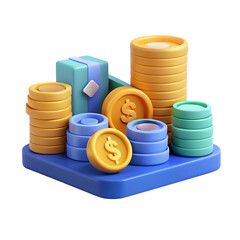 Stacks of Coins and Gift Boxes on Blue Platform for Financial Growth and Savings