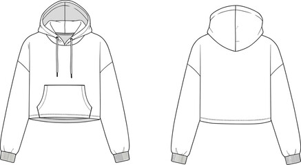  Cropped Oversized Hoodie Flat Sketch: Women's Fashion Apparel CAD Drawing, Technical Illustration for Design, Front and Back Views, Casual Urban Style, Sportswear Template