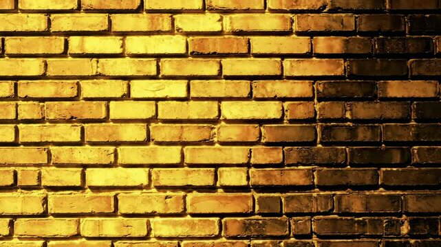A goldenhued brick wall with a visible mortar pattern and a textured surface