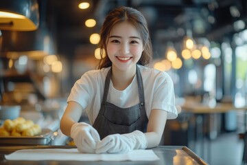 Happy female housekeeper service worker wiping the table surface with a cleaning product to remove dust and maintain cleanliness, Generative AI