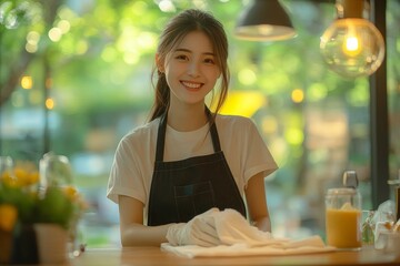 Happy female housekeeper service worker wiping the table surface with a cleaning product to remove dust and maintain cleanliness, Generative AI