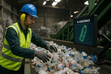 Waste sorting facility worker wearing safety equipment using AI assistance for plastic identification on a conveyor belt