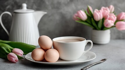 Spring Breakfast Coffee with Eggs, and Tulips.