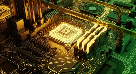 Close up of a computer circuit board with glowing processor and golden components. Digital technology and data processing concept.