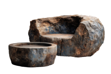 Sculptural stone chair and table furniture set, natural weathered patina and cave like design isolated on transparent or white background. 