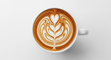 cup of latte coffee with art cream foam in white ceramic cup on wooden vintage table
