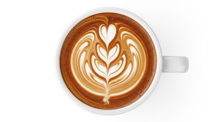 cup of latte coffee with art cream foam in white ceramic cup on wooden vintage table
