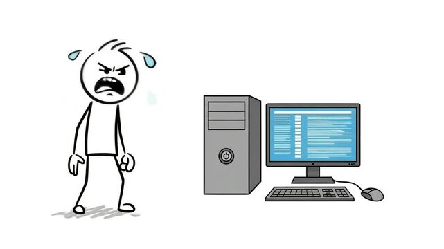 Frustrated stick figure getting angry and sweating with a computer problem animation