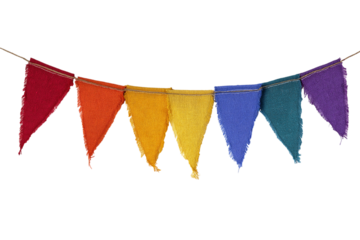 Colorful bunting flags strung together on twine  isolated on white background