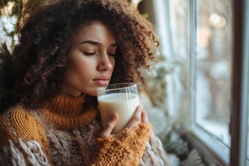 Lactose intolerance concept: A woman holding a glass of milk and experiencing  discomfort, highlighting the challenges of dairy consumption, Generative AI