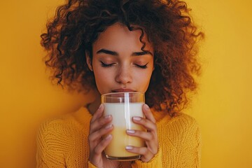 Lactose intolerance concept: A woman holding a glass of milk and experiencing  discomfort, highlighting the challenges of dairy consumption, Generative AI